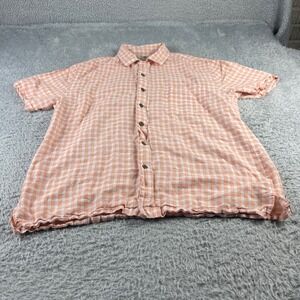 Island Shores Mens Orange Gingham Linen Cotton Short Sleeve Button Up Shirt L